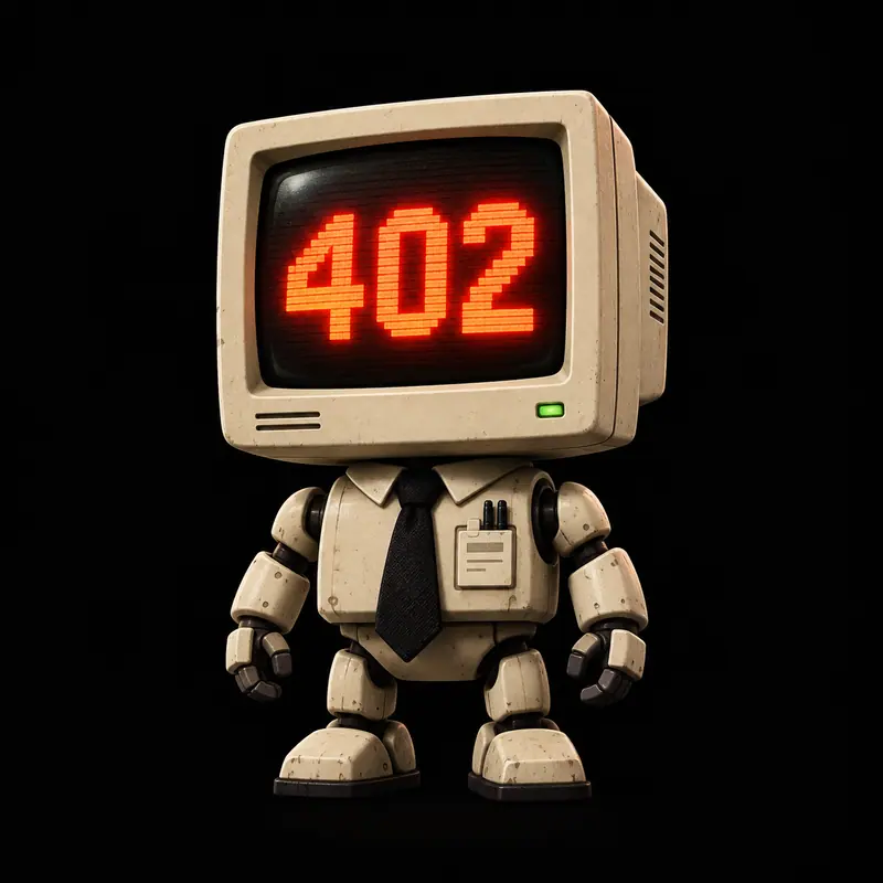 The original Gatekeeper: a beige robot with a CRT head displaying 402, standing watch in a black tie.